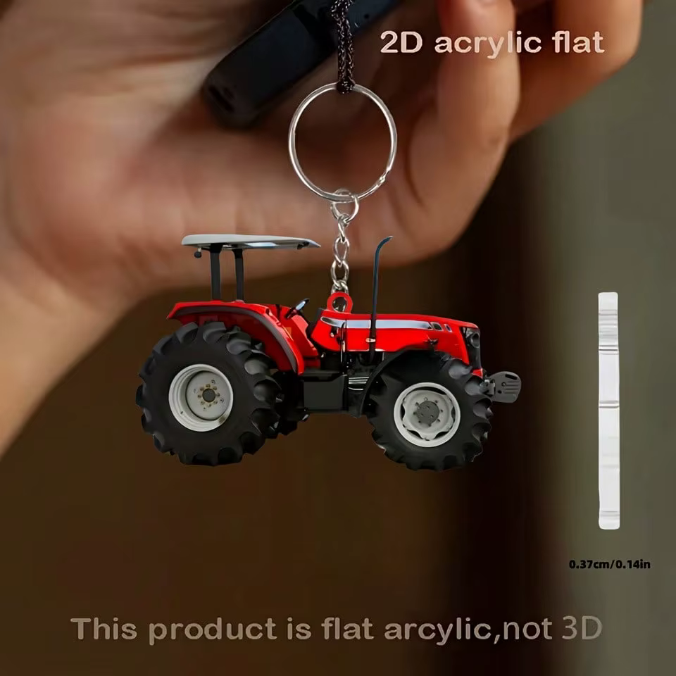 Porte-clés Tracteur Rouge, Porte-clés Décoratif 2D, Convient pour les Clés de Voiture, Décoration de Sac à Dos, Matériau Acrylique, Cadeau d'Anniversaire.