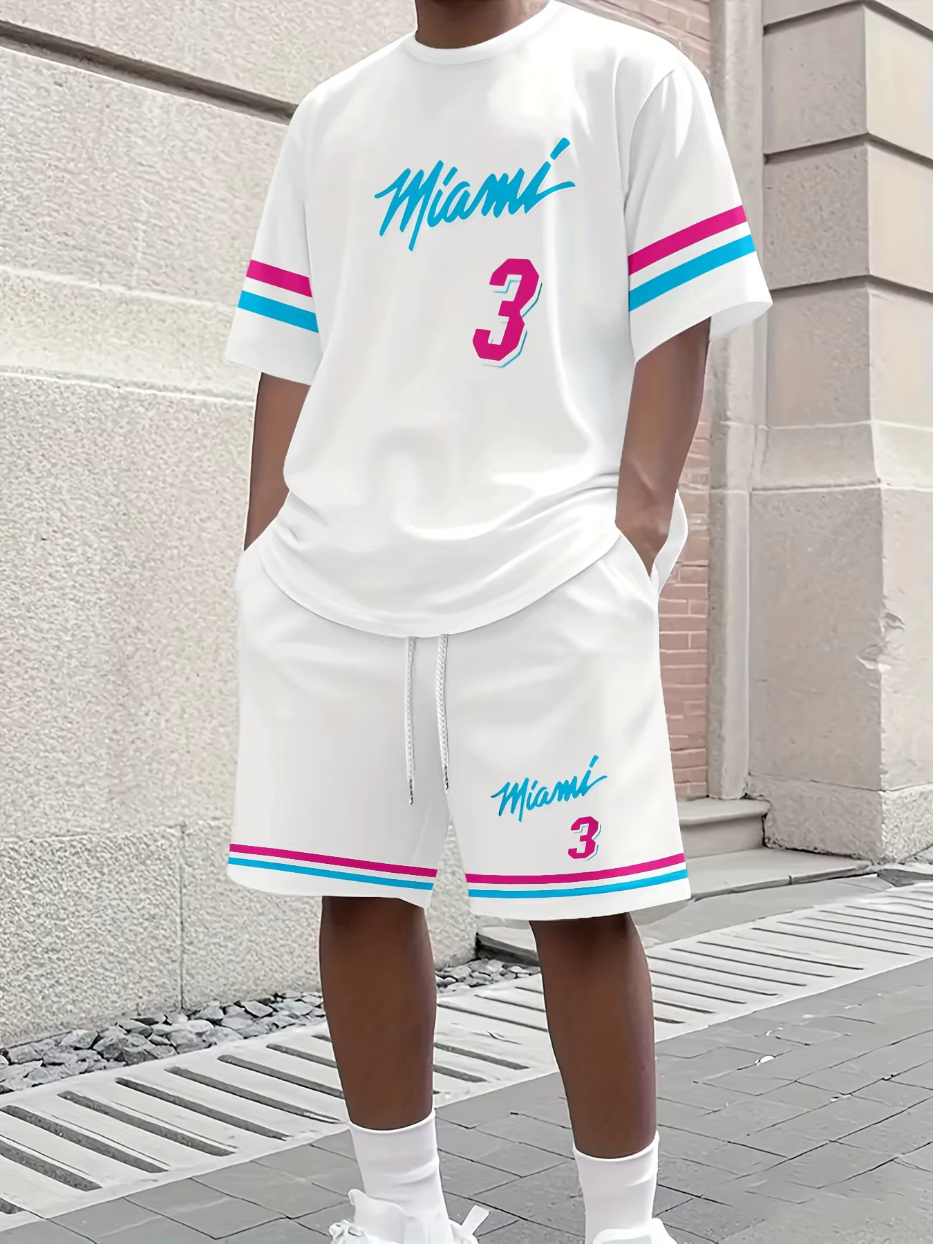 Nouvel ensemble décontracté pour homme : T-shirt à manches courtes imprimé MIAMI NO.3 et short – Maillot de basketball et survêtement 2 pièces pour adulte