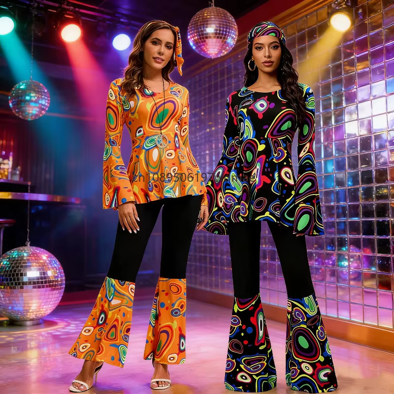 Costume de disco multi-couleurs pour femmes, vêtements de performance hippie, ensemble avec bandeau, robe rétro pour fête dansante