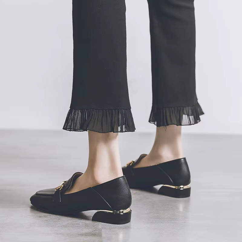Chaussures d'été à bout carré pour femmes, mocassins de bureau élégants à talons bas, marque de luxe noire, à enfiler, de haute qualité, 2025