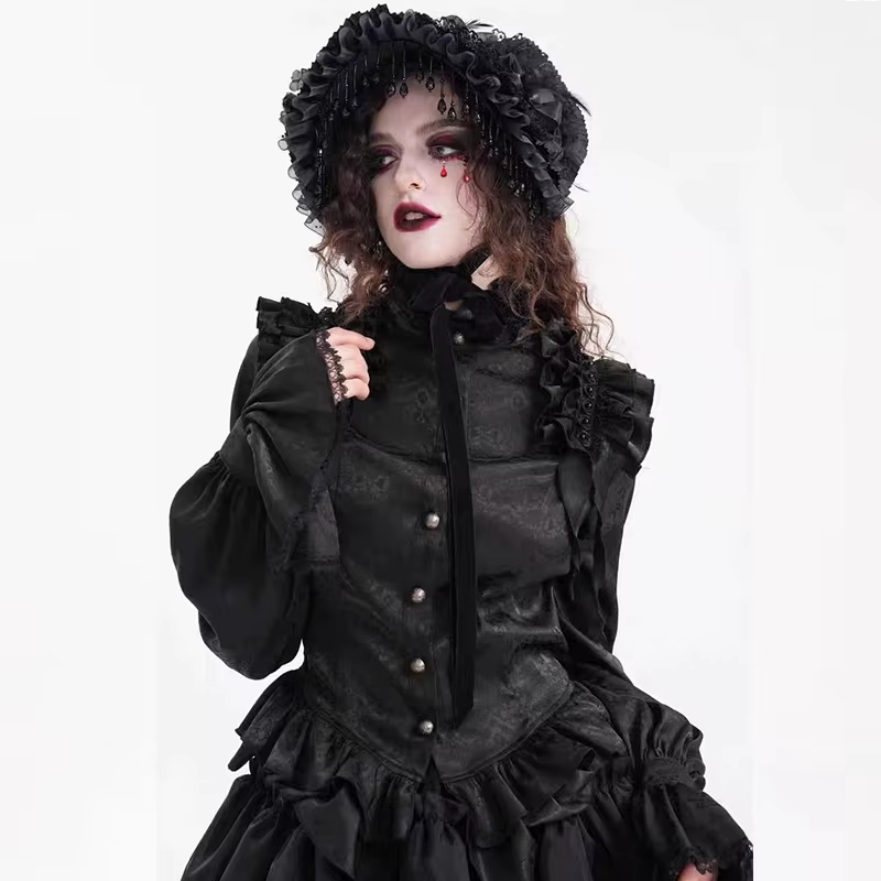 Chemise gothique victorienne de Style médiéval, col haut, volants, garniture en dentelle, manches bouffantes, chemisier Vintage, Lolita Cosplay, haut élégant de fête