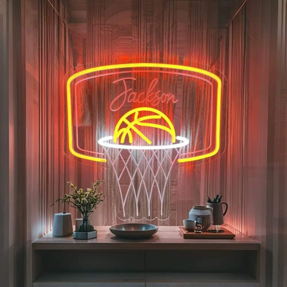 Enseigne au néon de basket-ball personnalisée pour le nom des enfants, décoration murale de maison pour chambre de garçon, cadeau personnalisé pour enfants, cadeaux de basket-ball