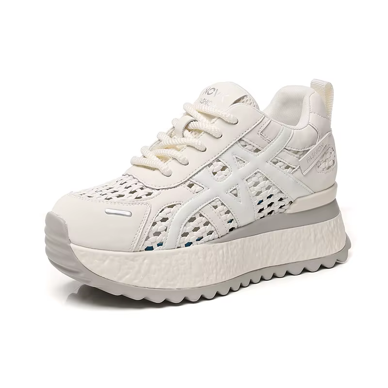 Baskets compensées en maille color block beige et bleu pour femme