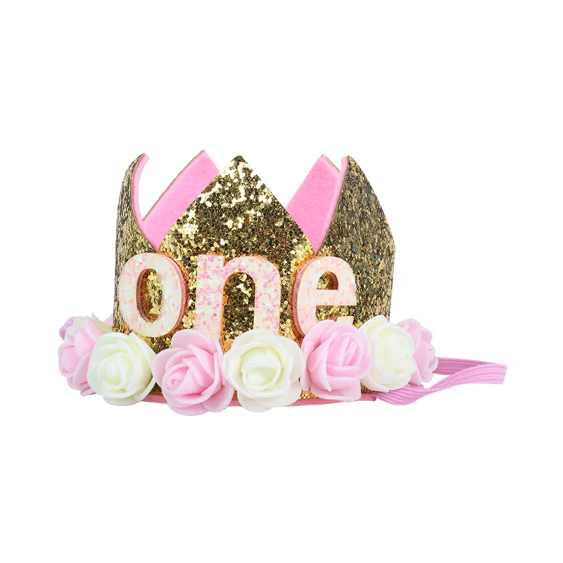 Décoration d'anniversaire pour bébé fille de 1, 2 ou 3 ans, chapeau couronne, fleur rose et blanche, paillettes, accessoire Photo pour 1er anniversaire, cadeaux joyeux anniversaire