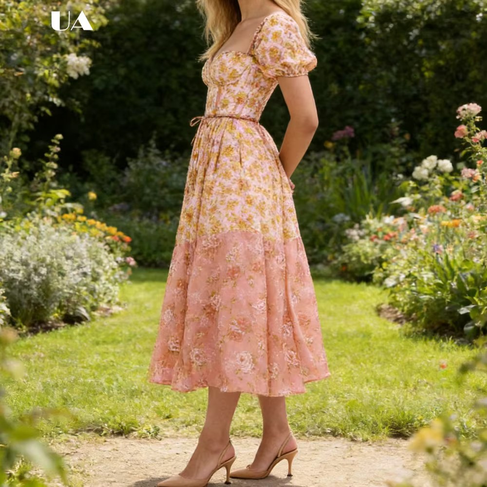Robe midi évasée à imprimé floral élégant de style français ULBYANRY avec col à volants, robe empire à manches bouffantes de style pastoral