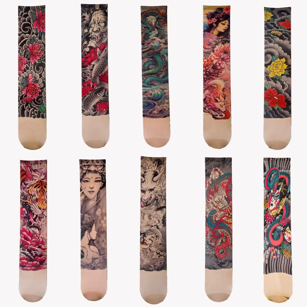 Chaussettes de sport élastiques et respirantes style japonais motif serpent, protection UV, fines, anti-UV, effet tatouage intégral sur la jambe