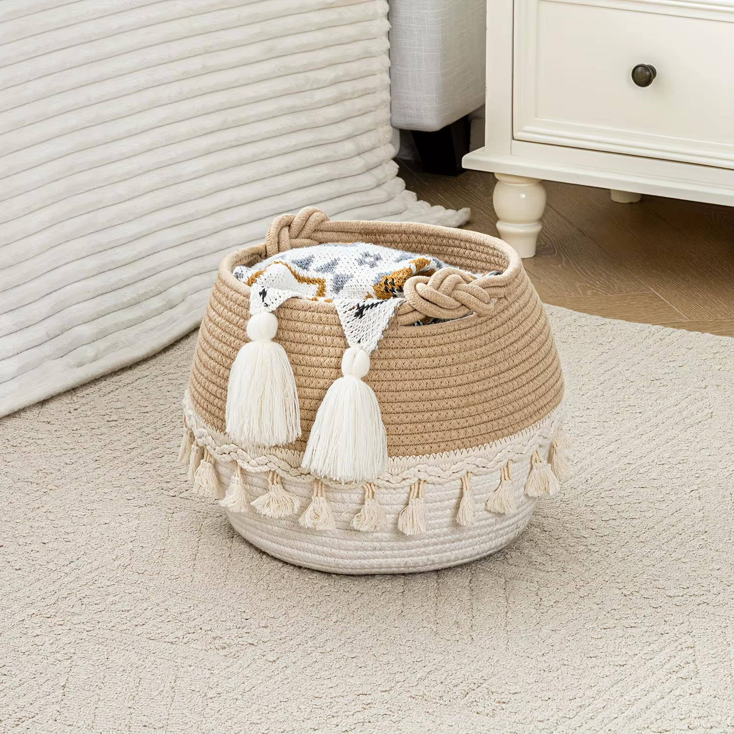 Panier de rangement en corde de coton bohème avec pompon, paniers tissés pour l'organisation, panier organisateur, panier à linge pour vêtements, jouets