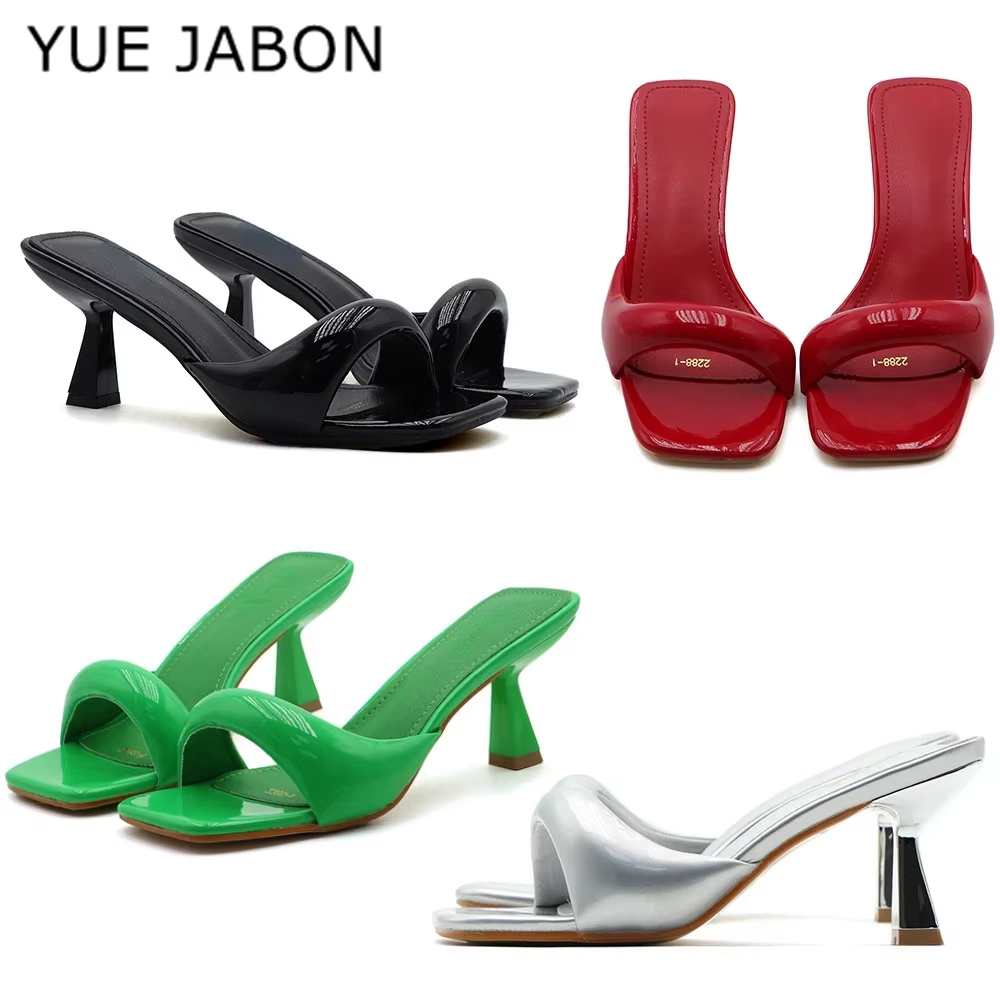 Pantoufles à talons hauts noirs et rouges pour femmes, sandales à bout ouvert, escarpins à bout carré, sandales d'été simples de styliste