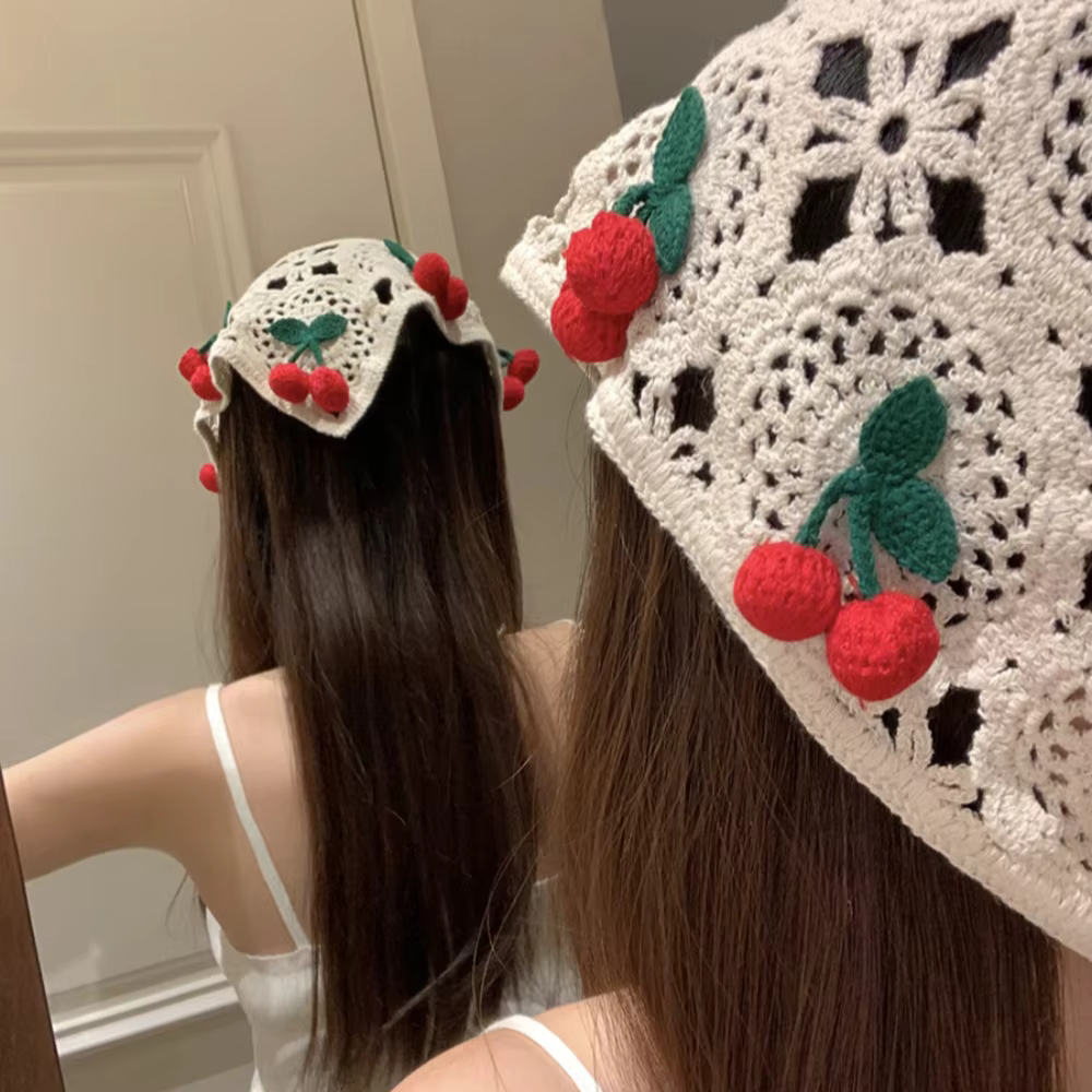 Bandeau triangulaire style pastoral français, fait main au crochet, motif petites cerises, foulard-chapeau, bandeau tricoté, serviette de tête, printemps-été