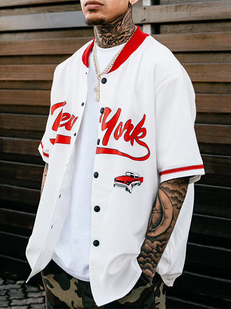 Chemise surdimensionnée Hip Hop pour hommes, imprimé graphique, manches courtes, haut ample, Streetwear, Style Y2K, col montant, chemises boutonnées