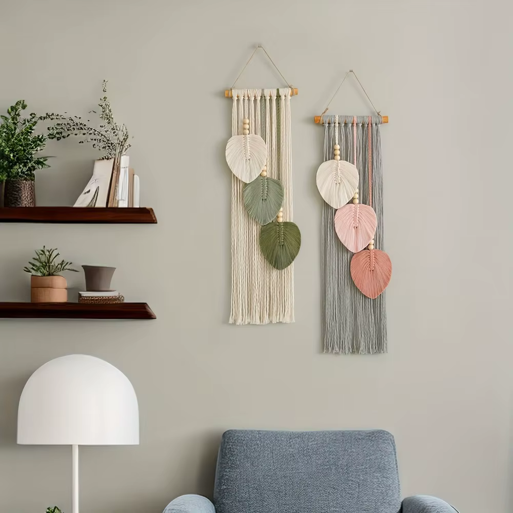 Tapisserie murale en macramé à motif de feuilles bohèmes, tissée à la main avec des perles en bois, pour la décoration murale du salon ou de la chambre à coucher, style bohème
