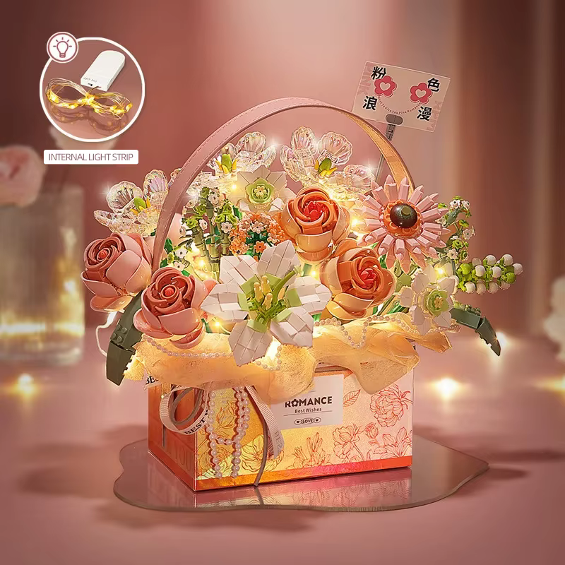 Bouquet de roses roses créatif en blocs de construction, série de boîtes cadeaux portables pour bouquets de fleurs, briques de modélisation, cadeaux pour filles, jouets pour adultes