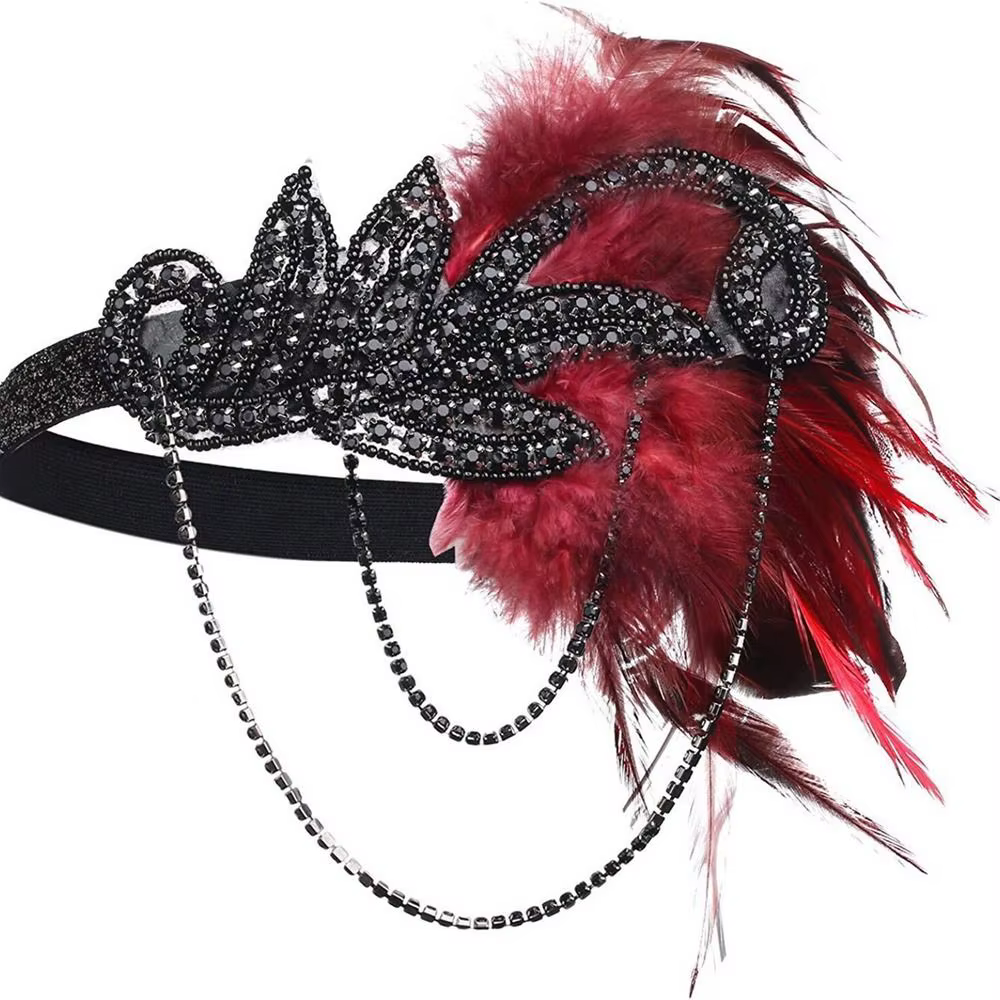 Robe de Cosplay Gatsby en chaîne, couvre-chef en plumes, accessoires de fête de mascarade, bandeau de Style coréen, cheveux à paillettes