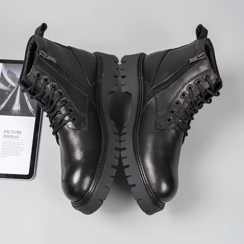 Nouvelles bottes montantes en cuir véritable avec doublure en fourrure pour une chaleur décontractée et une résistance au glissement ; chaussures en coton véritable fourrure avec fines bretelles