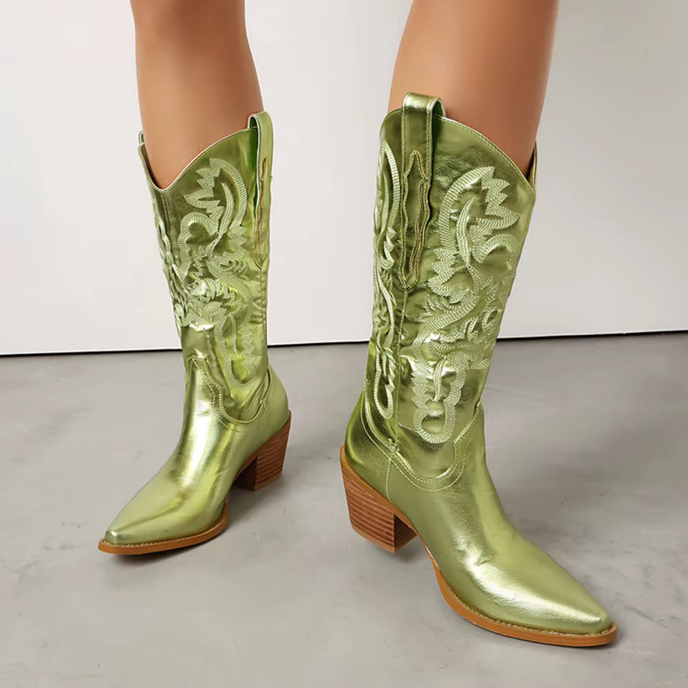 Femmes pointues automne et hiver mode talon carré Tube moyen Western Cowboy chevalier robe fête vêtements de travail bottes de marche 382