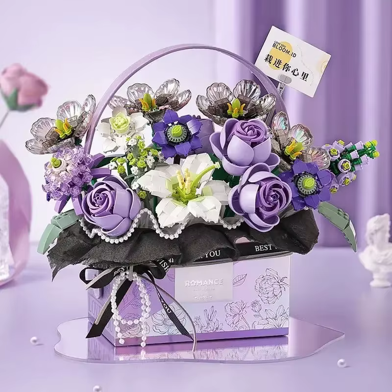 Bouquet de roses roses créatif en blocs de construction, série de boîtes cadeaux portables pour bouquets de fleurs, briques de modélisation, cadeaux pour filles, jouets pour adultes