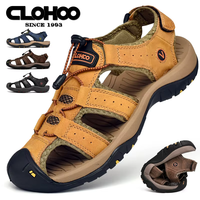 CLOHOO sandales pour hommes faites à la main fond épais en caoutchouc respirant décontracté chaussures de plage à enfiler en cuir Version améliorée