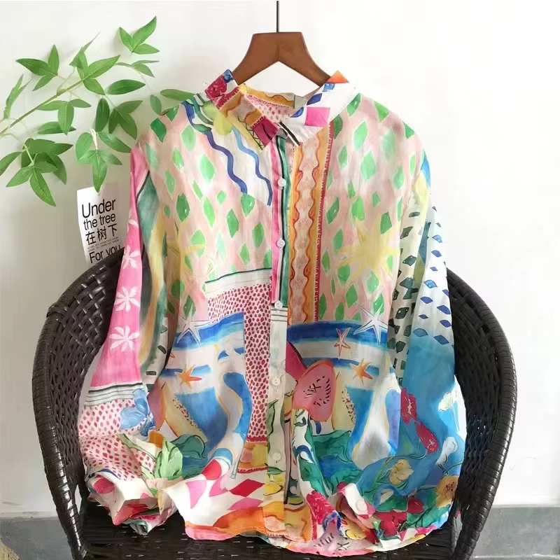 2025 chemise surdimensionnée femme été hauts femme espagne style vintage 100% ramie chemises à fleurs blouses à manches longues hauts