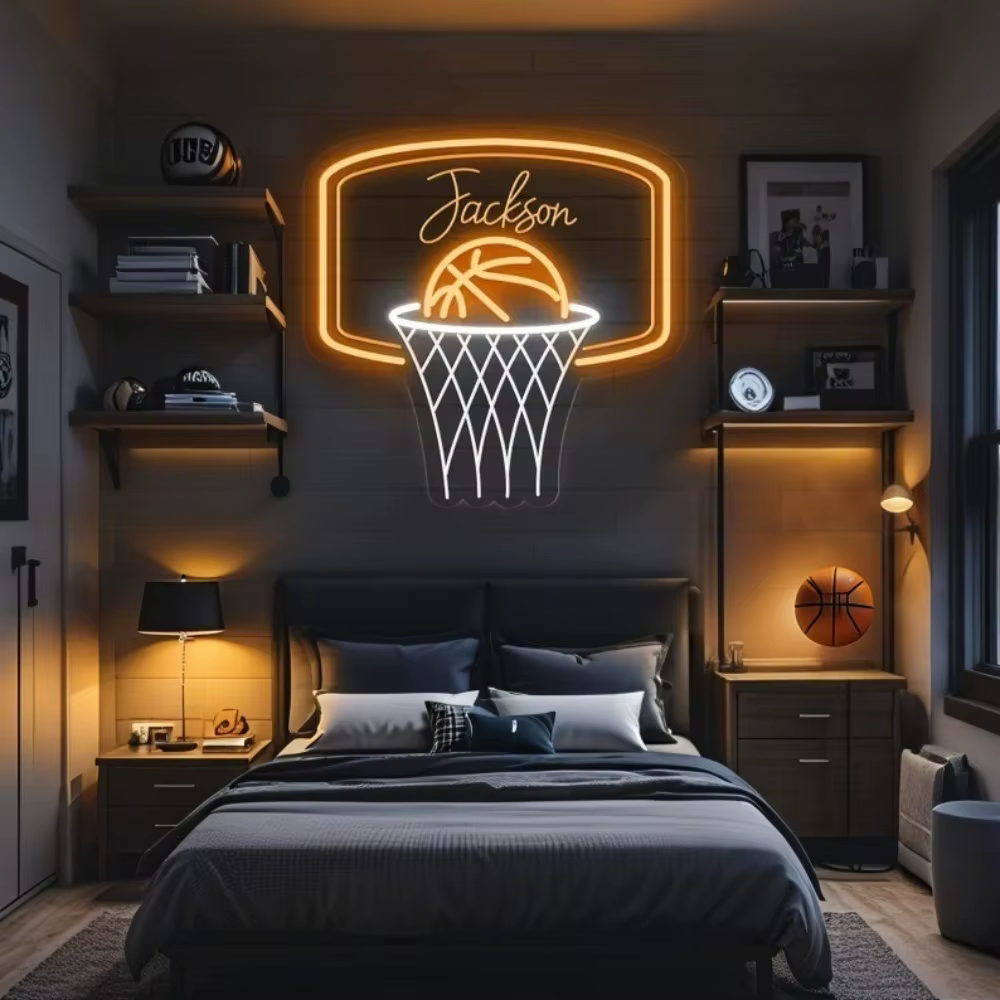 Enseigne au néon de basket-ball personnalisée pour le nom des enfants, décoration murale de maison pour chambre de garçon, cadeau personnalisé pour enfants, cadeaux de basket-ball