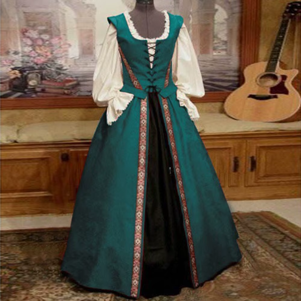 Ensemble robe deux pièces pour femme, style Renaissance médiévale, col carré, taille cintrée et jupe ample, robe vintage