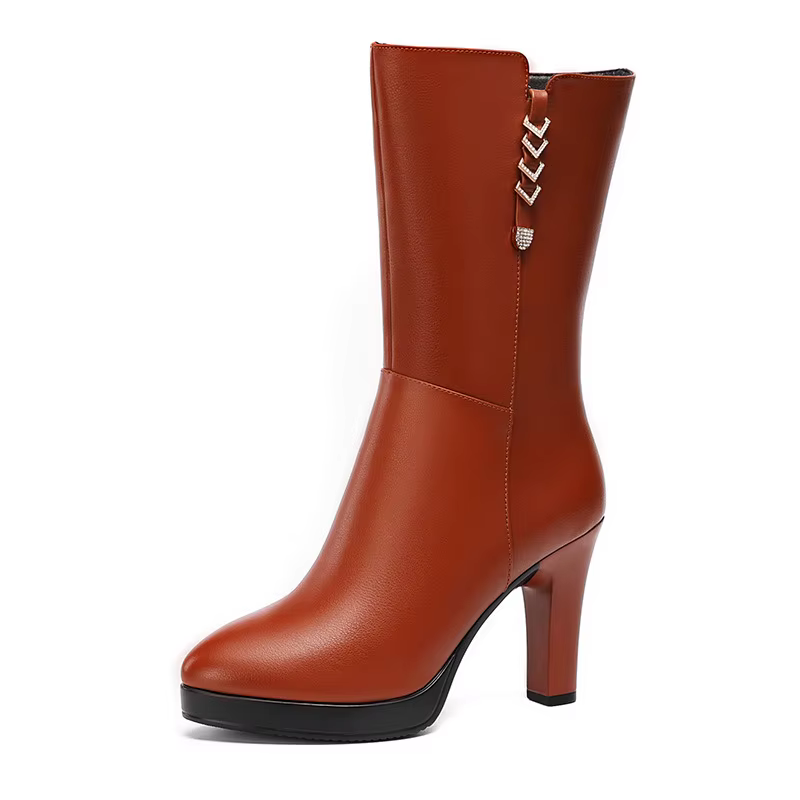 Bottes de moto mi-mollet en cuir peluche pour femmes