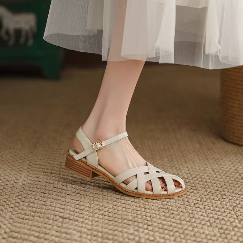 2025 nouveau Style rétro été femmes sandales mode élégant tissage couverture orteil chaussures dames confort talon bas plage vacances Sandalias