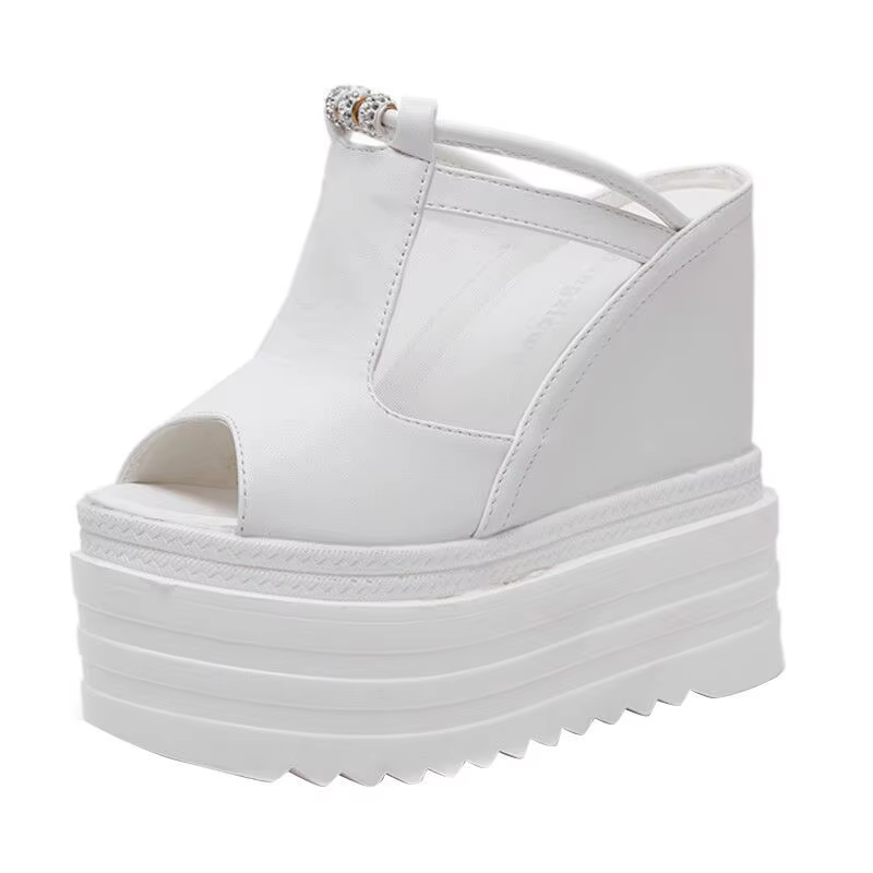 2025 diapositives compensées femmes sandales 14 cm Super chaussures à talons hauts dames semelles épaisses plate-forme Sexy maille bouche femme pantoufles d'été