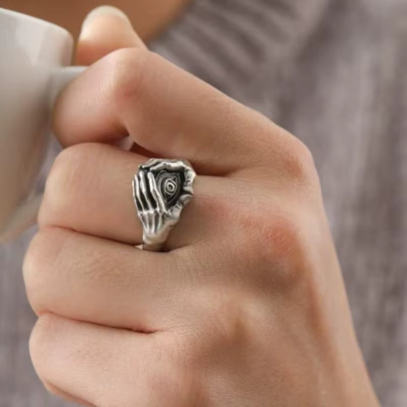 Bague ajustable pour homme, style gothique rétro, motif œil et mains, bijou ouvert, cadeau pour soirée