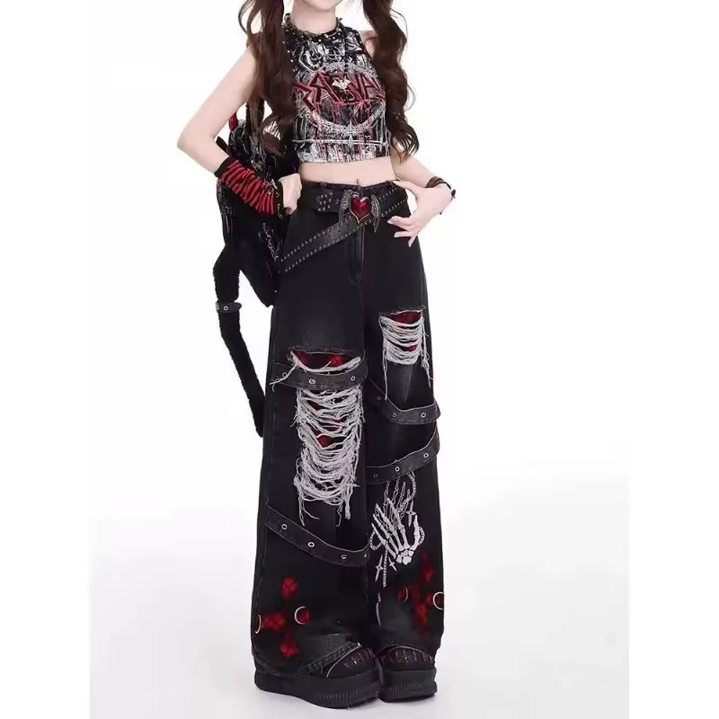 Pantalon en jean décontracté et ample pour femme, style américain, tendance punk rétro, délavé, polyvalent et décontracté