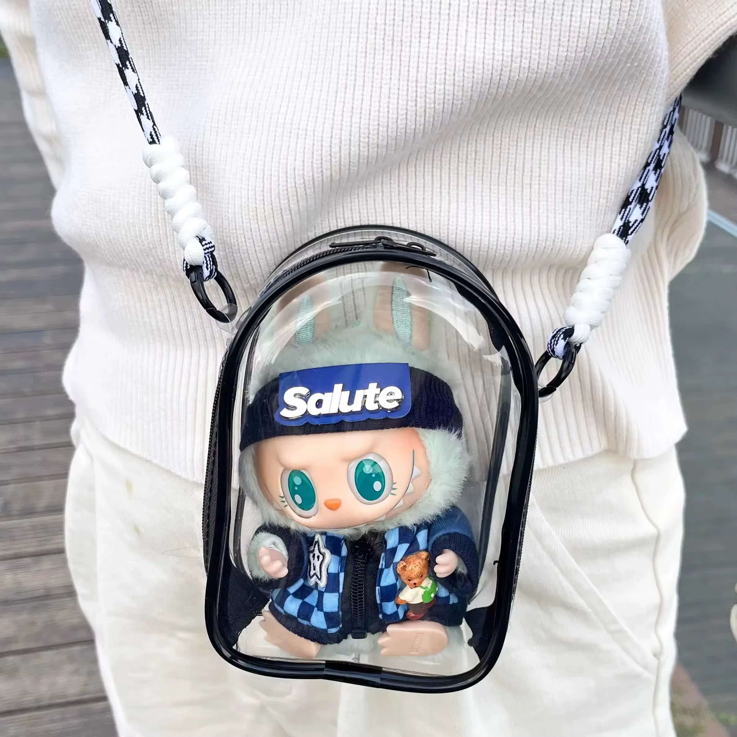 Labubu étui de protection Labubu assis fête 17 cm coton poupée épaule douleur sac PVC sac de rangement Labubu marche sac anti-poussière
