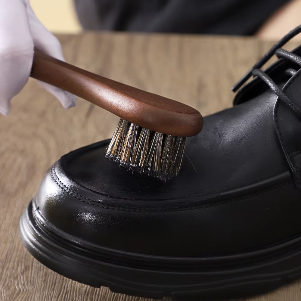Kit de brillance de chaussures en crin de cheval 5 pièces-ensemble de soins de chaussures en cuir Portable avec brosse douce, tissu de polissage et corne à chaussures