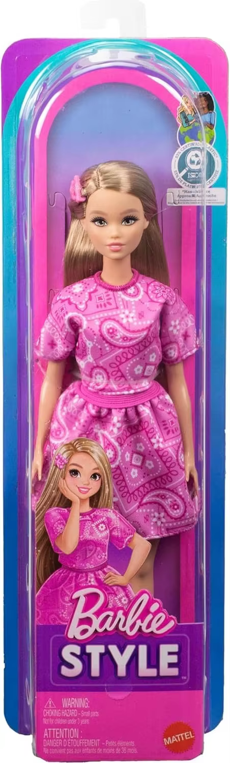 Poupée Barbie Fashionistas originale, cheveux blonds, vêtements rose à motifs Paisley, chemise, sandales à plateforme, pince à cheveux, accessoires de déguisement, jouets, cadeaux
