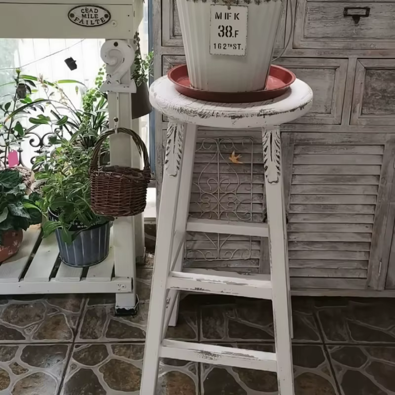 Support pour plantes rétro rustique, vieux tabouret à fleurs en bois massif avec pieds hauts, étagère d'exposition Luo verte pour balcon, décoration de jardinage domestique