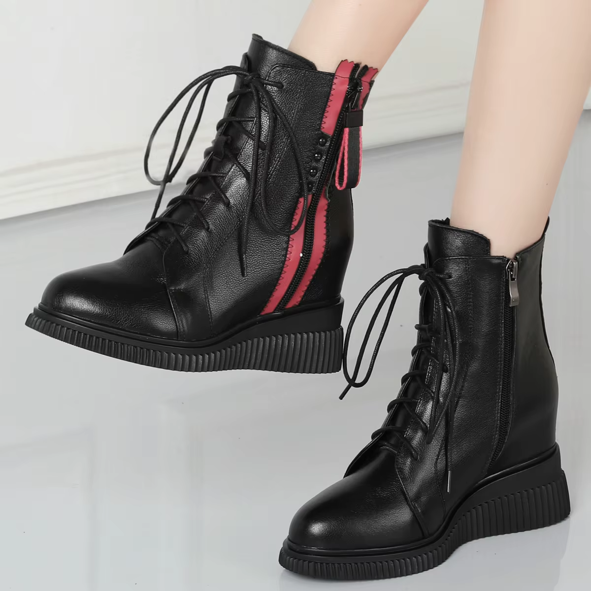 Baskets montantes épaisses en cuir véritable pour femme