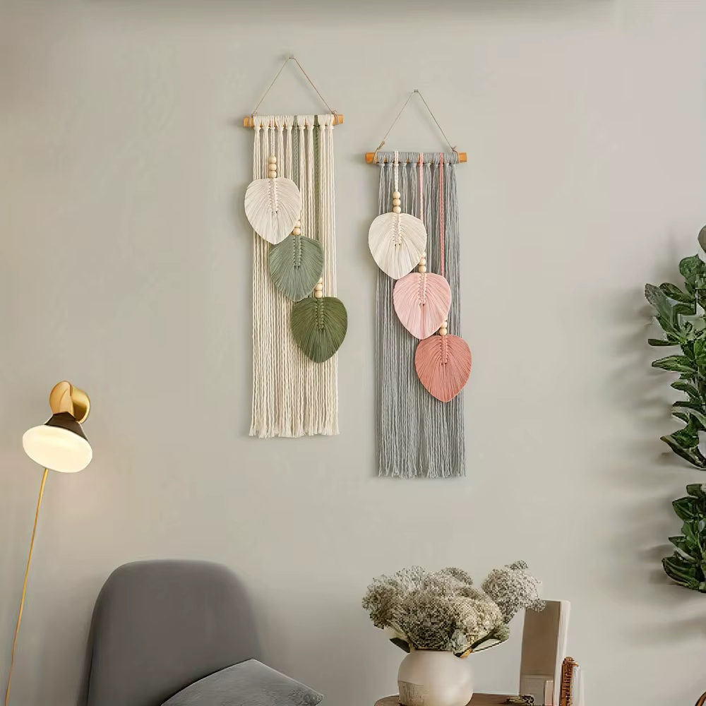 Tapisserie murale en macramé à motif de feuilles bohèmes, tissée à la main avec des perles en bois, pour la décoration murale du salon ou de la chambre à coucher, style bohème