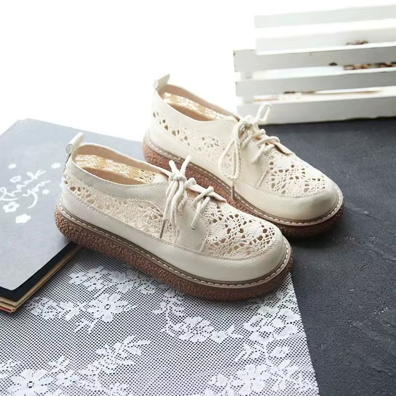 Beige été respirant style maille mocassins femme décontracté à lacets appartements 3 cm d'épaisseur bas découpes tricot chaussures rondes