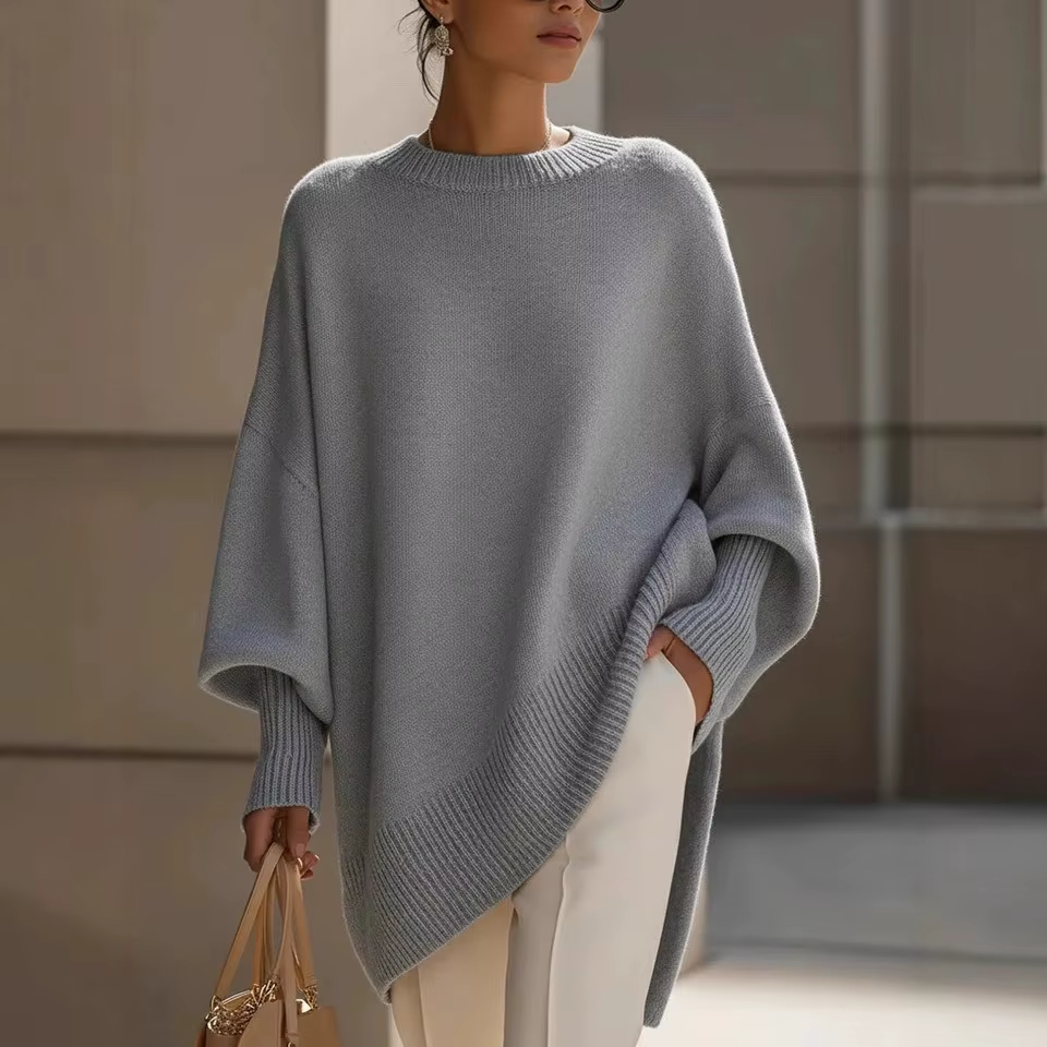 Pull oversize pour femme, automne/hiver 2026, col rond, pull en tricot pour femme, style ample et décontracté, couleur unie