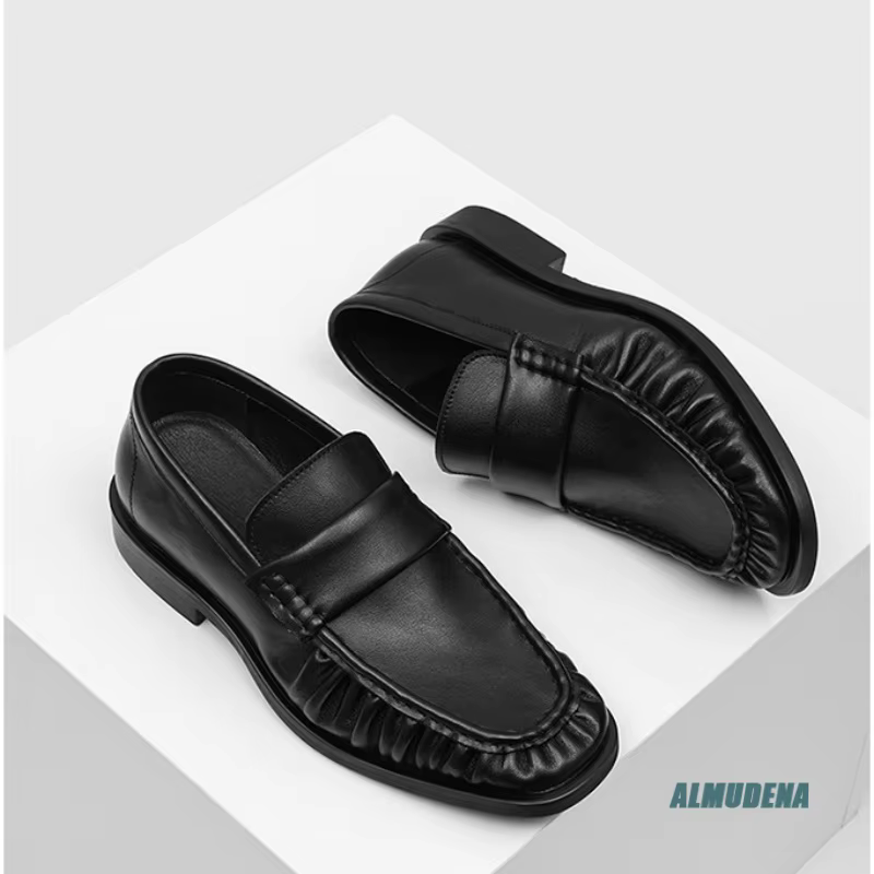 Mocassins décontractés pour hommes à bout carré en cuir véritable noir, à enfiler, à talon bas, style streetwear urbain, pour l'extérieur, mode minimaliste, chaussures de travail