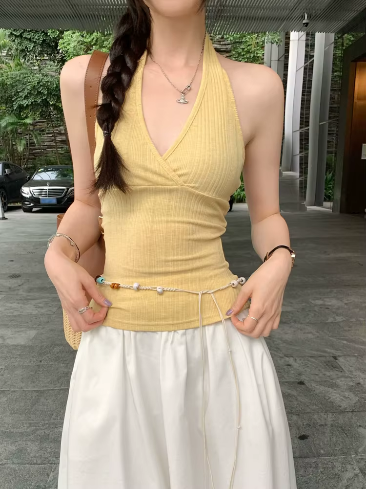 Débardeur Crop Top Femme Style Spice Girl, Col Halter Croisé en V, Couleur Unie, Nouvelle Collection Été 2026, Style Coréen, à Porter en Extérieur