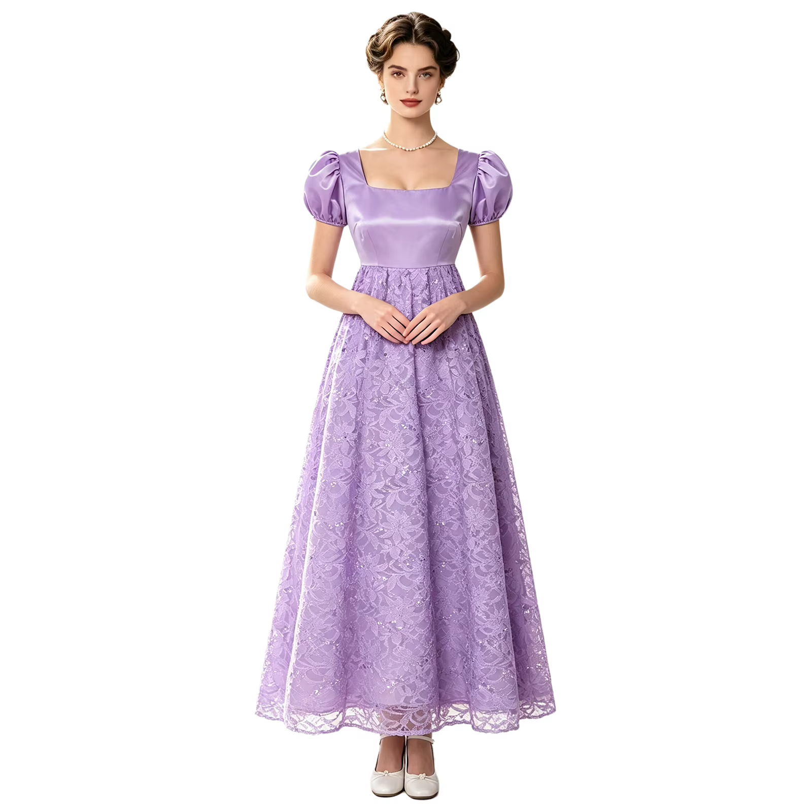Robe Victorienne Longue Vintage pour Femme, Taille Empire, Col Carré, Dentelle Pailletée, Robe de Soirée Élégante Style Régence
