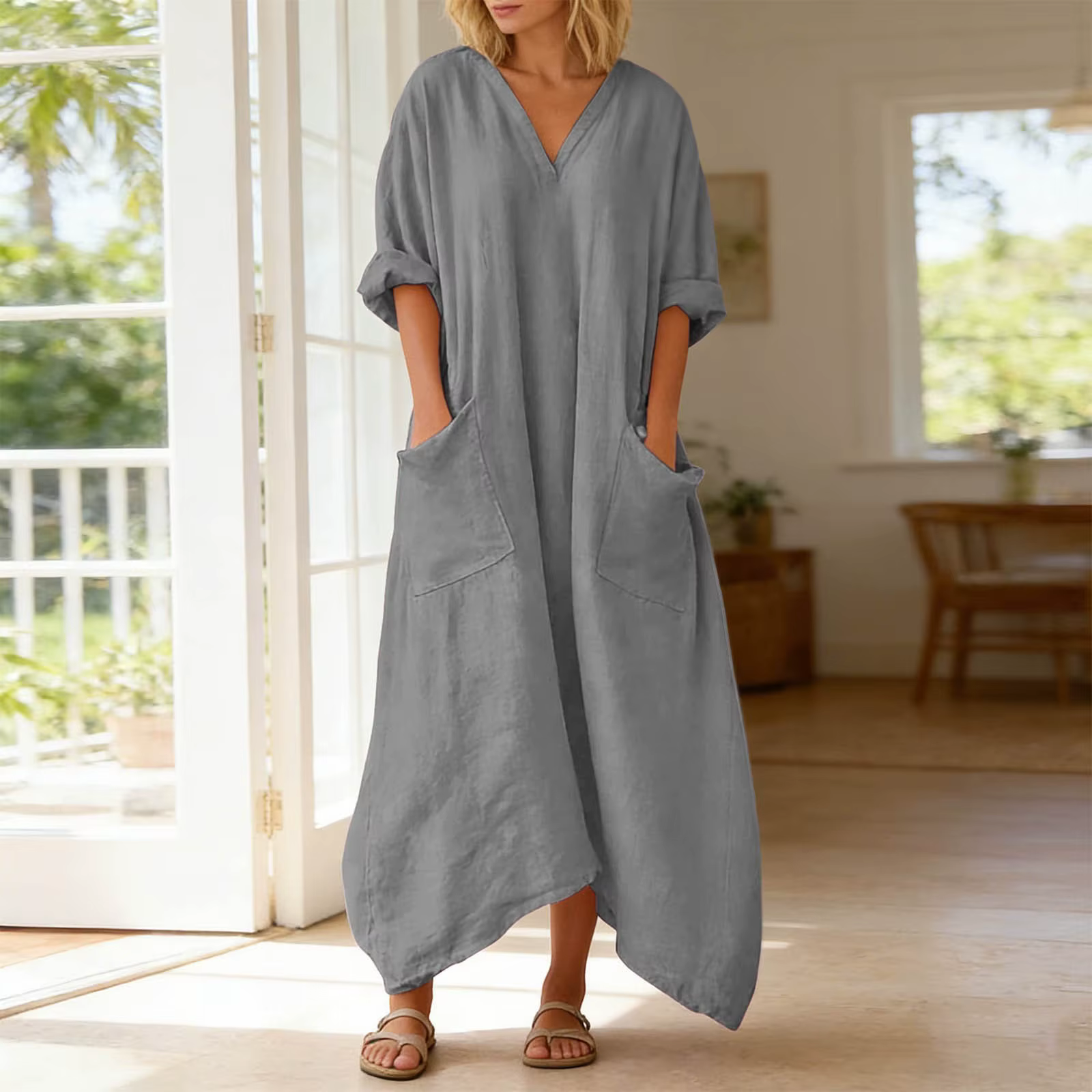 Robe d'été décontractée surdimensionnée pour femmes, col en V, manches 3/4, robes maxi avec poches, couleur unie, robe longue de plage pour les vacances