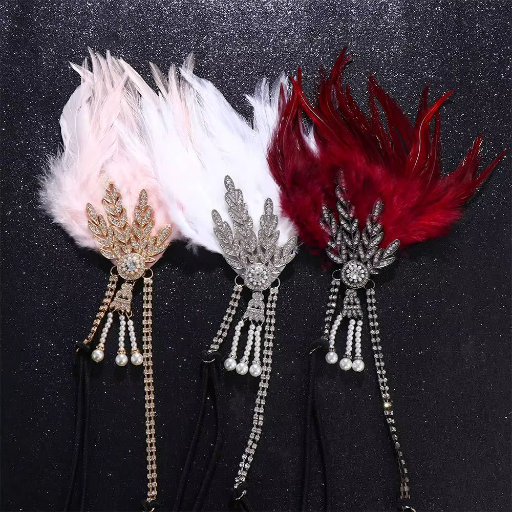 Robe de cosplay Gatsby, couvre-chef en plumes et diamants, bandeau de style coréen, accessoires de fête masquée, cheveux à paillettes