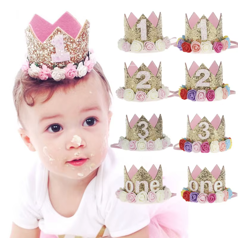 Décoration d'anniversaire pour bébé fille de 1, 2 ou 3 ans, chapeau couronne, fleur rose et blanche, paillettes, accessoire Photo pour 1er anniversaire, cadeaux joyeux anniversaire