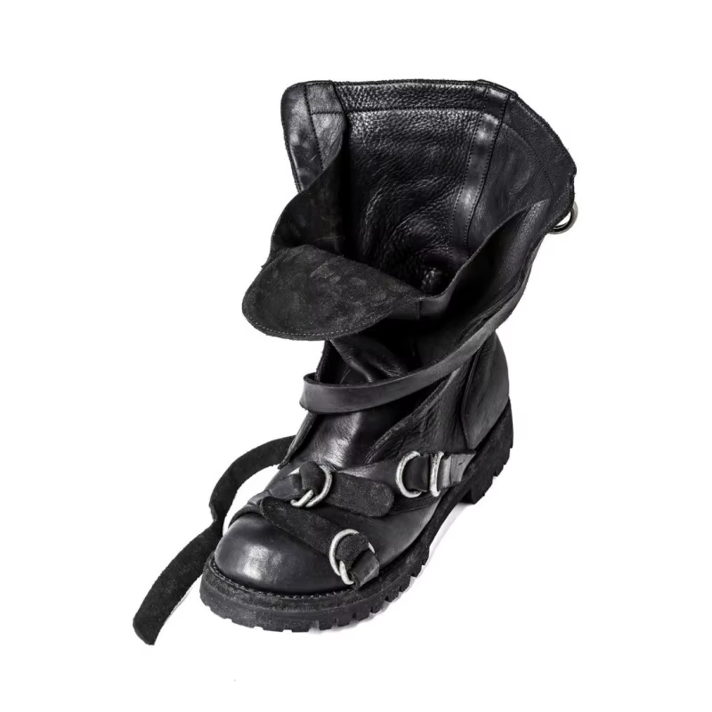 Yamamoto Style foncé rétro Vintage moto bottes hommes en cuir véritable sangle