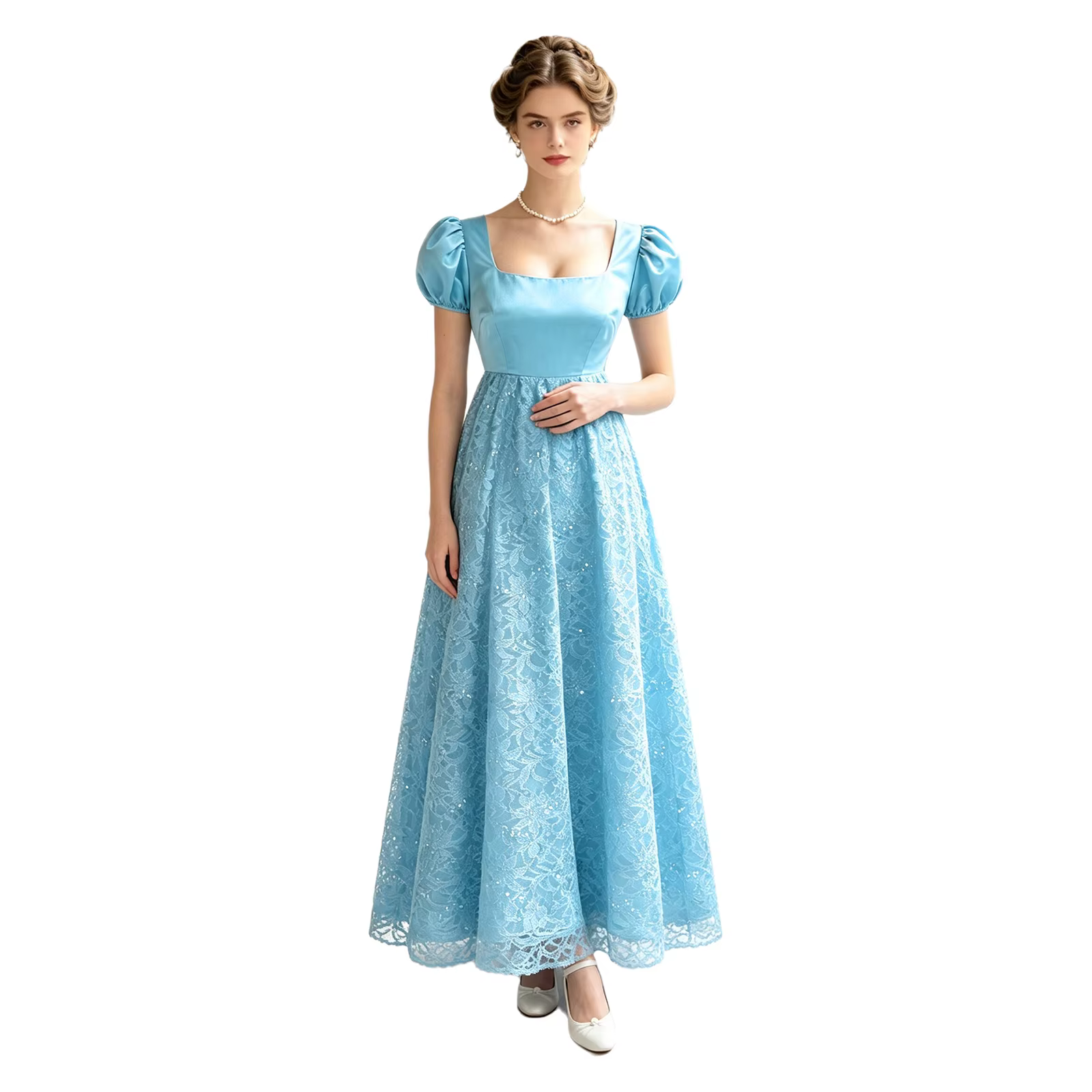 Robe Victorienne Longue Vintage pour Femme, Taille Empire, Col Carré, Dentelle Pailletée, Robe de Soirée Élégante Style Régence