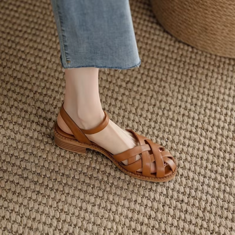 2025 nouveau Style rétro été femmes sandales mode élégant tissage couverture orteil chaussures dames confort talon bas plage vacances Sandalias