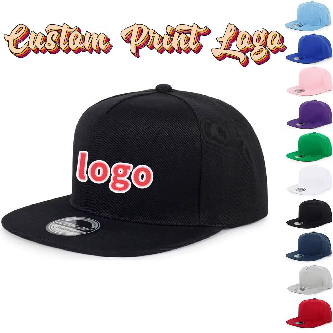Casquettes à visière plate de couleur unie à cinq pièces avec logo imprimé personnalisé