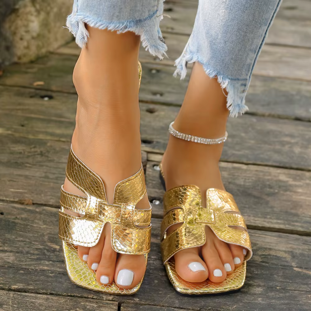 Chaussures plates à talons ouverts dorés pour femmes, sandales en cuir, pantoufles de salle de bain, chaussures de plage, sandales confortables à enfiler pour femmes