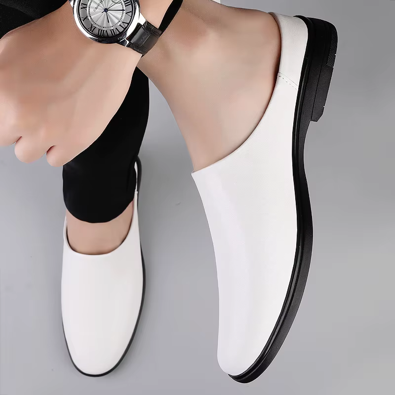 Demi-chaussures en cuir blanc pour hommes, Mules noires, mocassins dos nu, pantoufles semi-traînées, chaussures décontractées, sandales à bout fermé, plates à enfiler