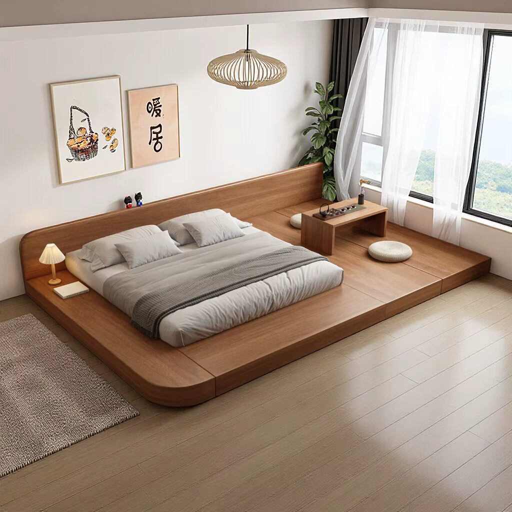 Lit king-size de style japonais, lit bas tatami, lit double avec sommier intégré, lit bas au sol personnalisable en bois massif